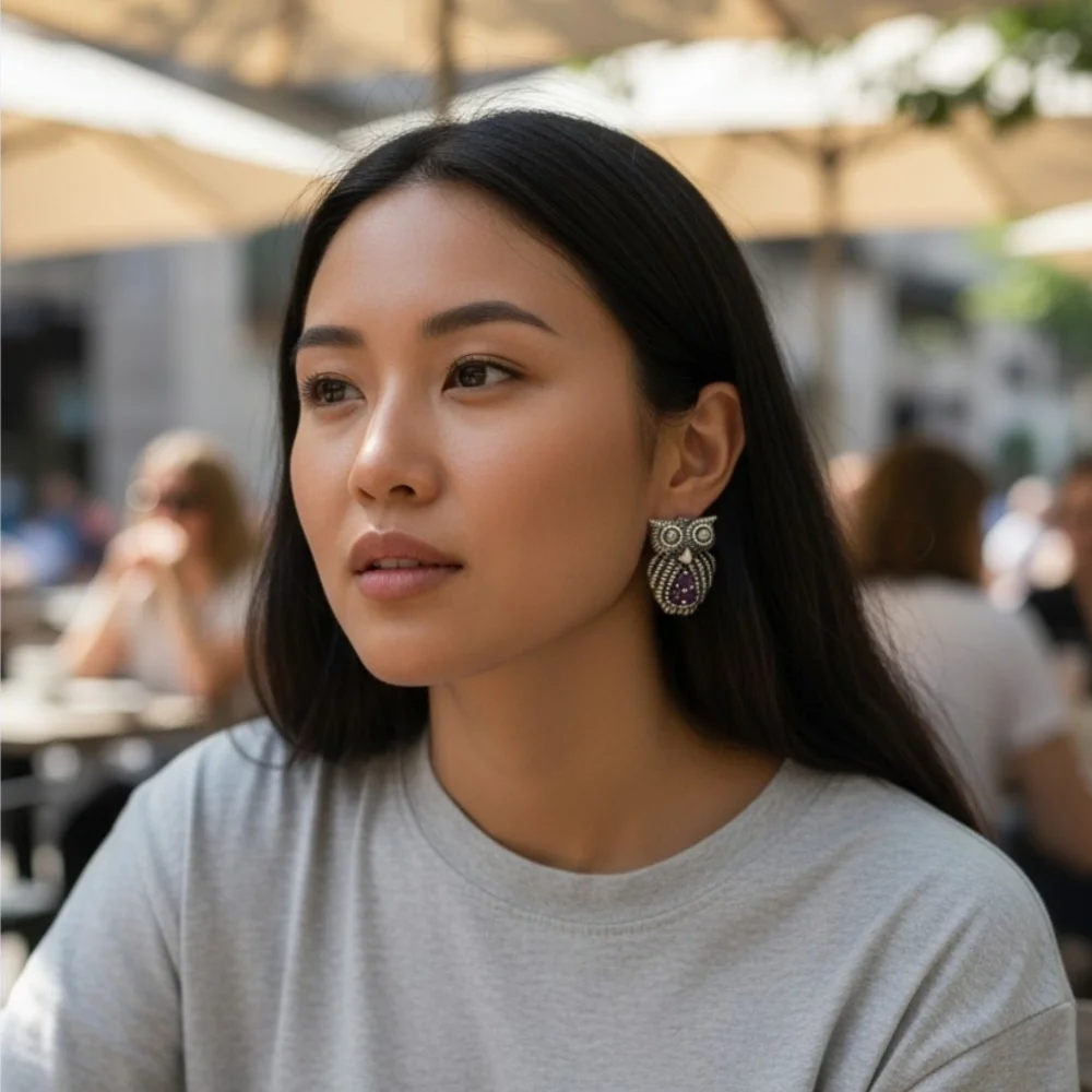 Vintage Sterling Silver Owl Stud Amethyst And Marcasite Earrings - Picture 4 of 5
